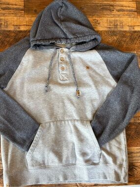 Tentree Pullover Men’s hoodie Gray Raglan Button Neck Sustainable Cozy Large